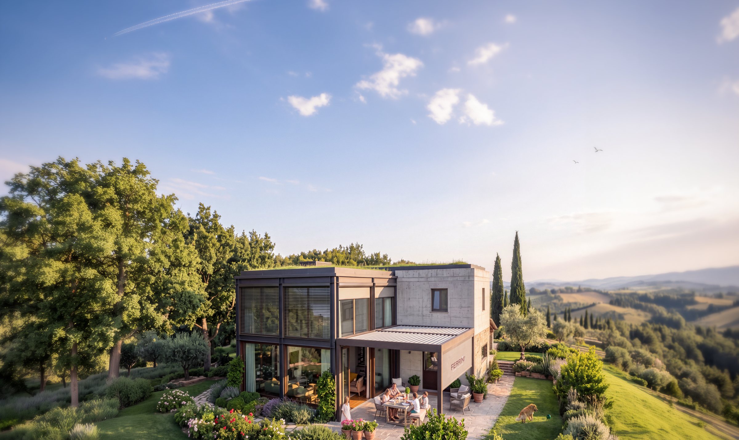 Landhaus mit Ferrini-Systemen: Glasfassade, bioklimatische Pergola, Dach-Zip-Screen