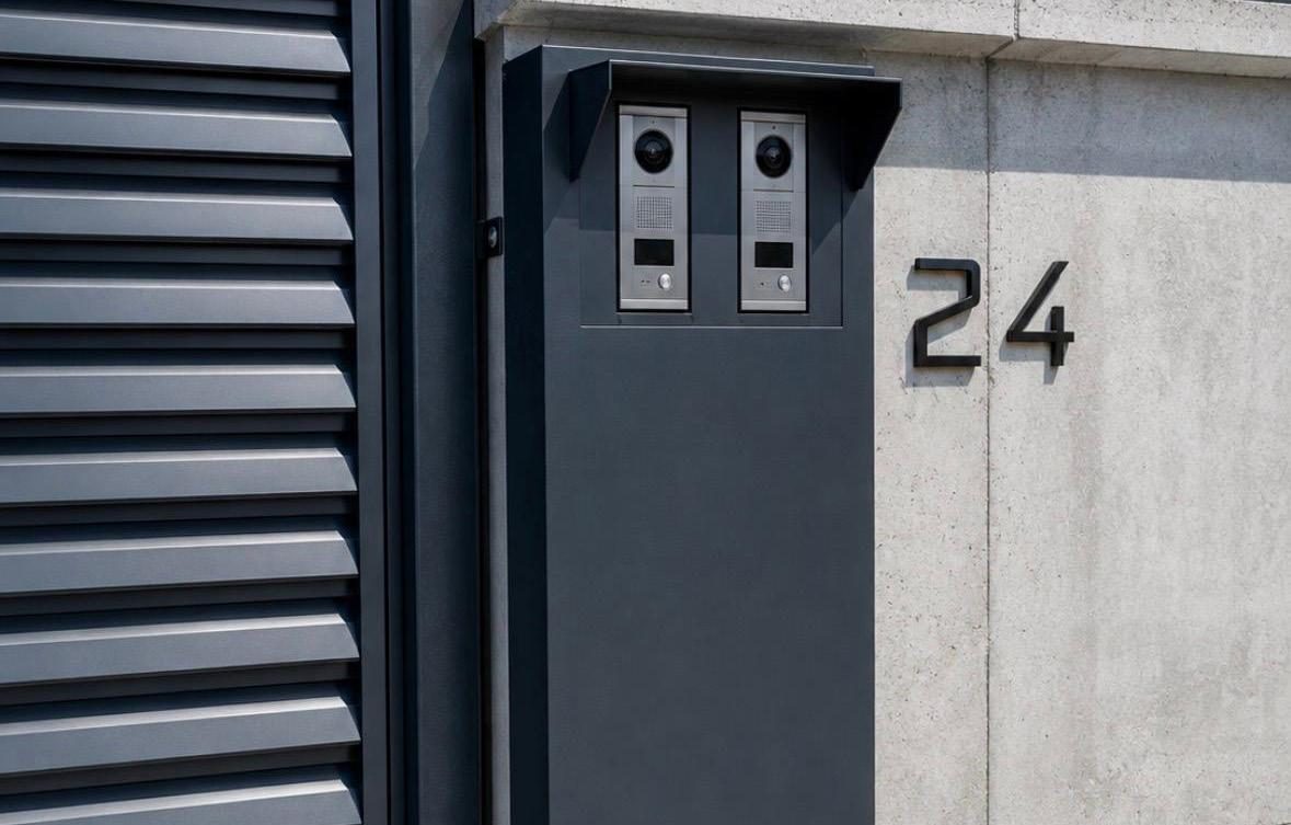 Anthracite fence panel and doorbell detail