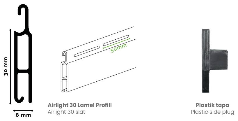 Componentes del sistema: perfil de lama de 30 × 8 mm, ranuras de ventilación de 50 mm, tapón lateral de plástico