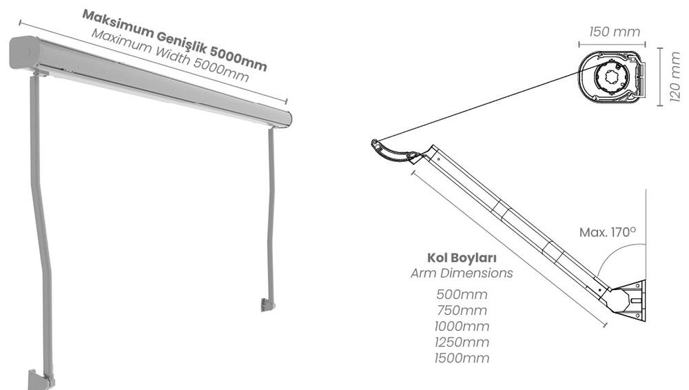 Kassette 150 × 120 mm; maximale Breite 5000 mm, Armlängen 500–1500 mm, 170° Öffnung
